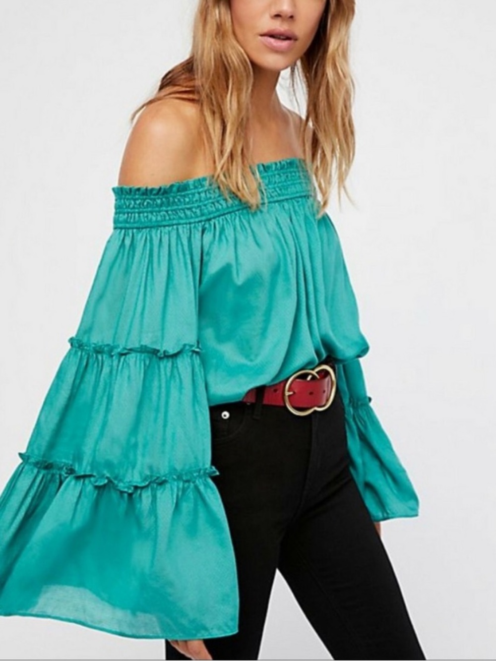 Free People After Spirit Teal Off Shoulder Bohemian Top